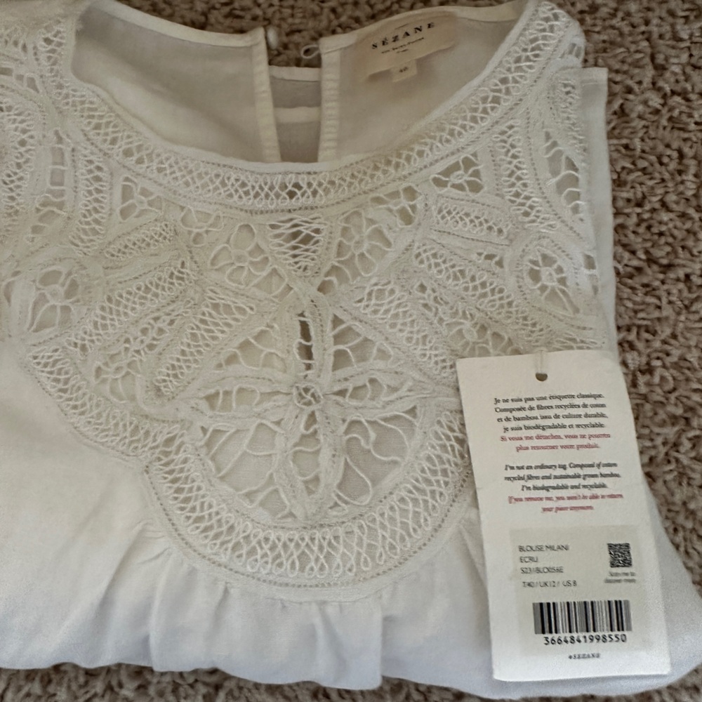 Sezane White Lace Detail Women's Top Blouse Medium 8/40 - Picture 8 of 10